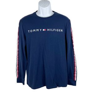 Tommy Hilfiger Long Sleeve T-Shirt Men Medium Blue Crew Neck Striped Tee Cotton